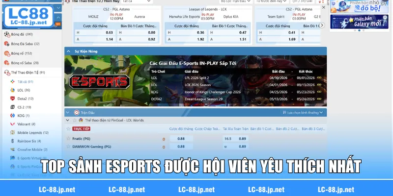 Top sảnh esports được hội viên yêu thích nhất